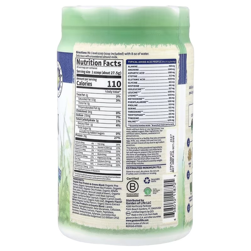 RAW Protein & Greens Organic - vanilkový 550 g
